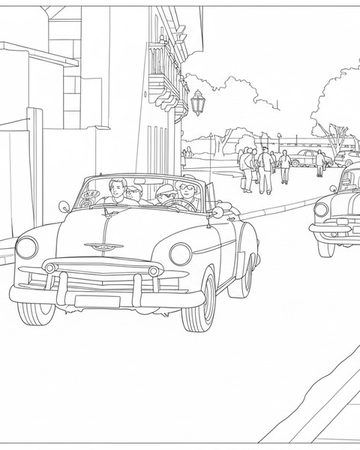 The same scene, drawn as black-and-white line art.