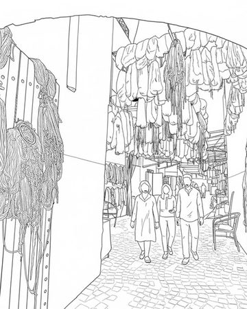 The same scene, drawn as black-and-white line art.