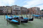 A photograph of gondolas moored along a canal.